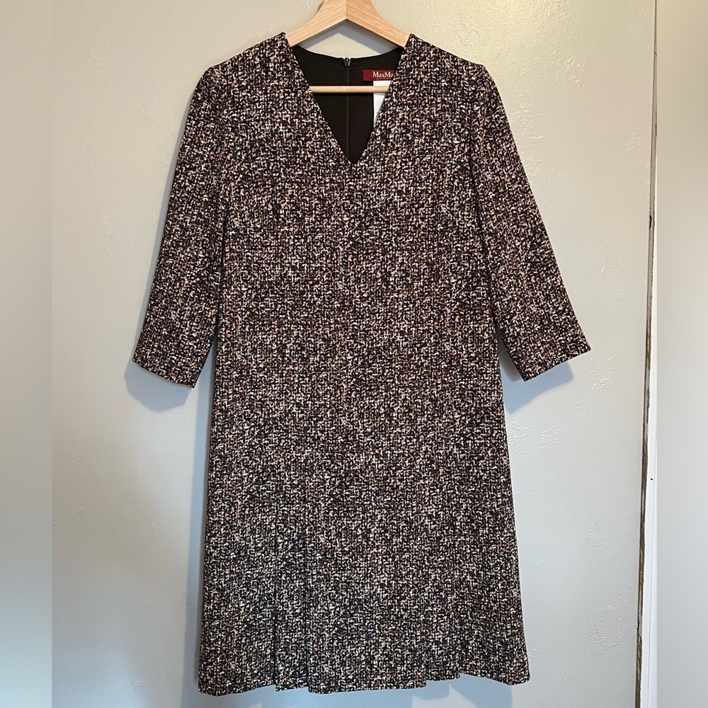 Max Mara Studio Brown Printed Crepe V-Neck Dress US Size 4 Designer Scandi Girl